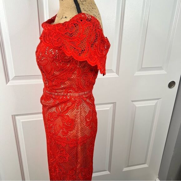 Sz S Stylestalker Stella Midi Off the Shoulder Red Lace Dress $241 MSRP - Picture 9 of 15